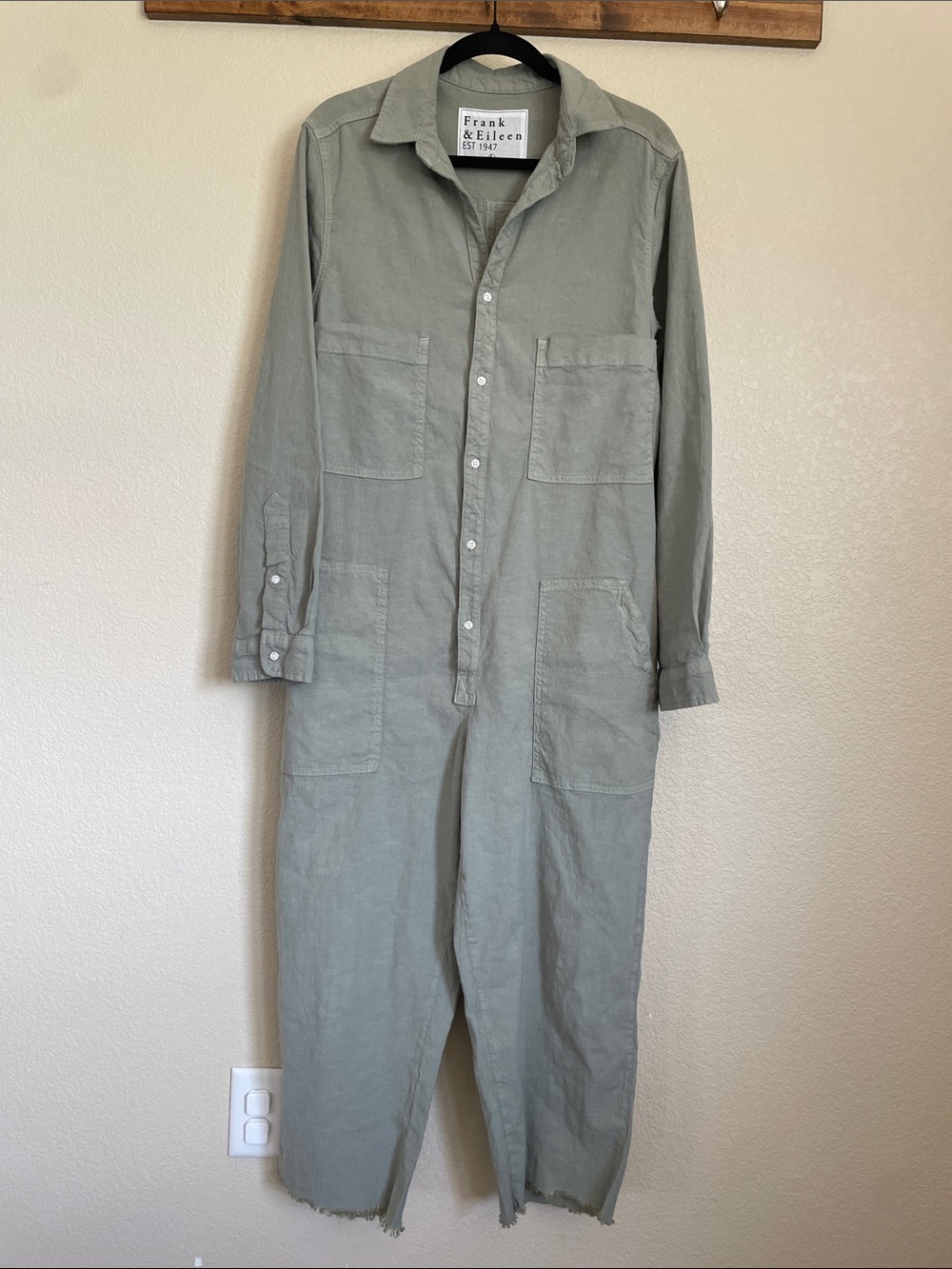 Frank & Eileen Northern Ireland Sage Green Utility Jumpsuit L Flax USA Boho - Picture 2 of 15